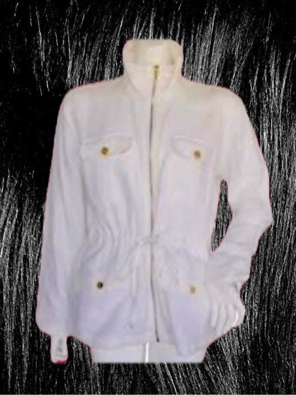 Chaps White Linen Jacket with Gold Zip-Front Pockets and Cinch-Tie Waistl
